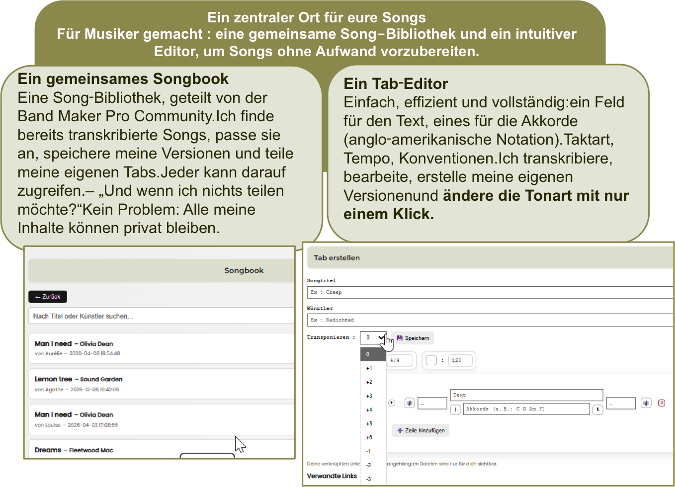 Gemeinsames Repertoire und Akkordtabellen-Editor Band Maker Pro