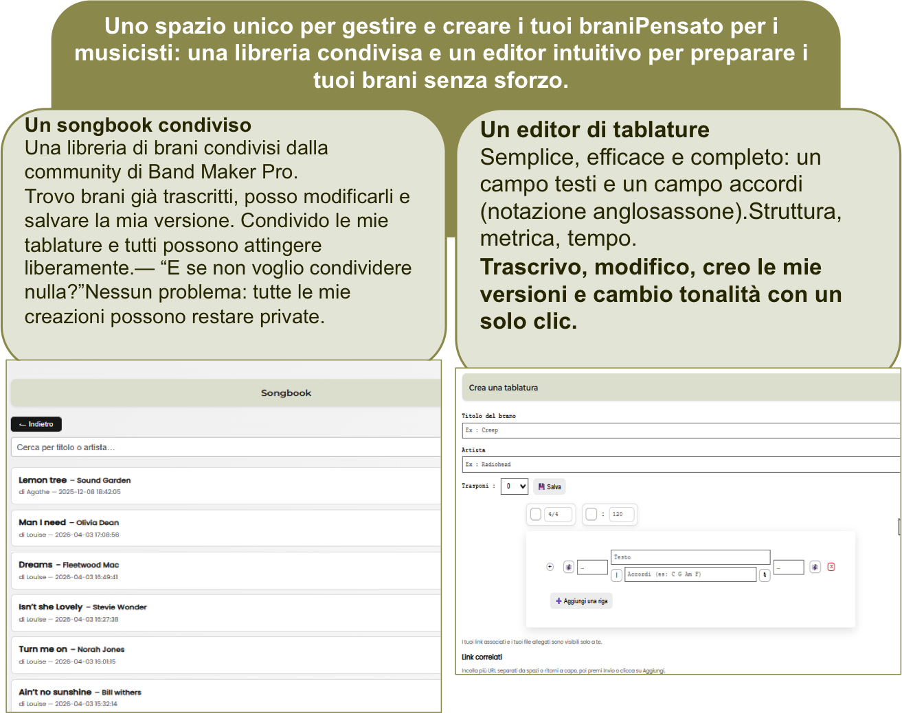 Repertorio condiviso ed editor di griglie di accordi Band Maker Pro