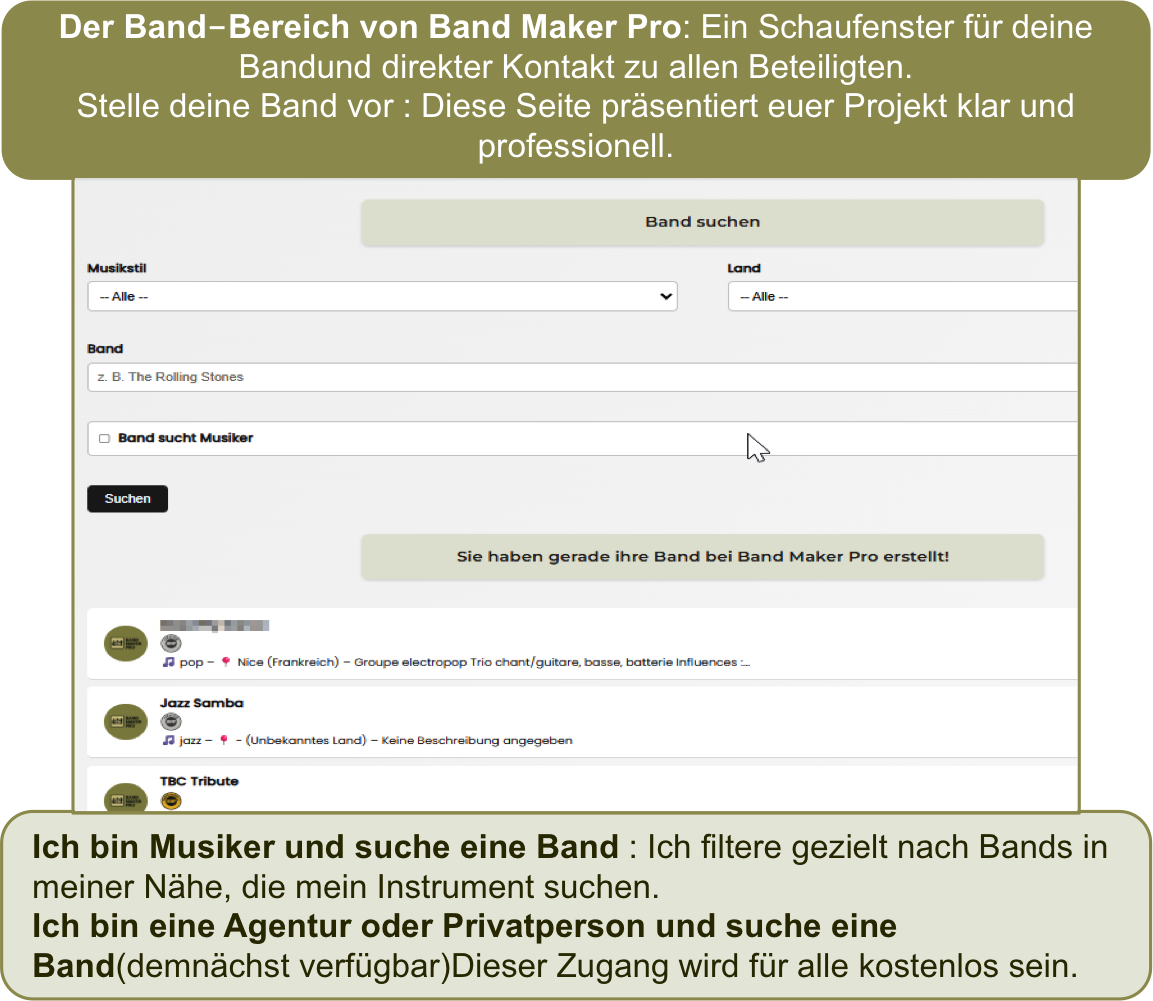 Bandseite und Bandverzeichnis Band Maker Pro