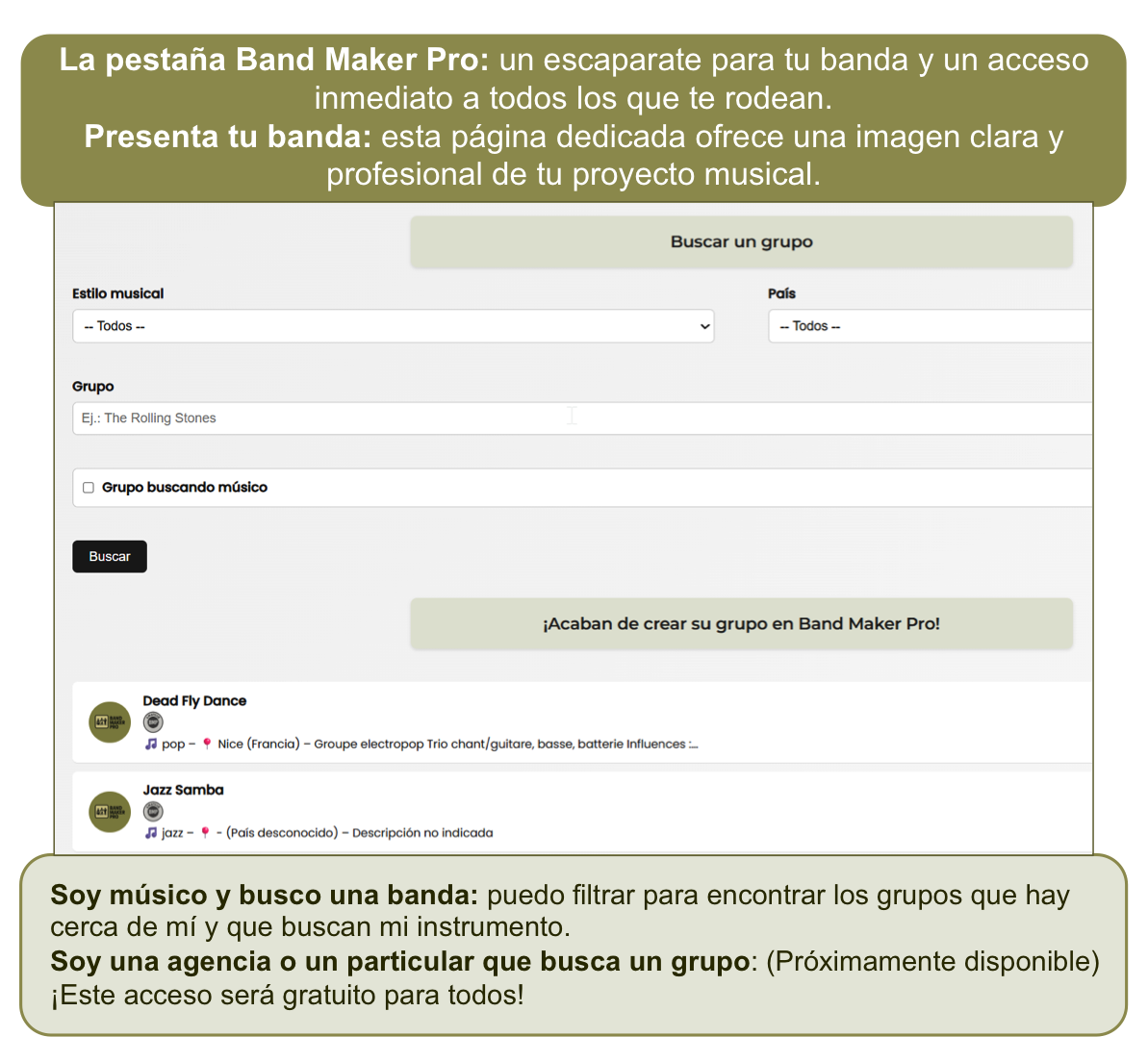 Página de banda y directorio de bandas Band Maker Pro