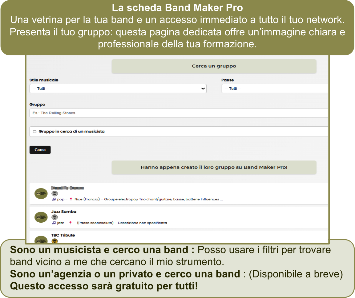 Pagina band e directory delle band Band Maker Pro